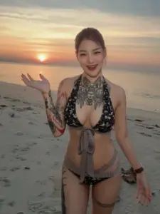 mint_kullanan ชุดว่ายน้ำบนชายหาดยามเย็น
